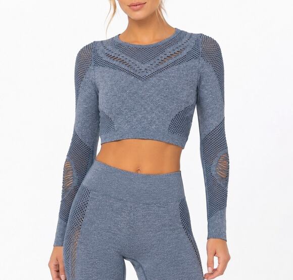 Alo Yoga Tops - Alo Yoga Siren Long Sleeve Crop Top Heathered Blue Mesh Cutout Seamless Size S